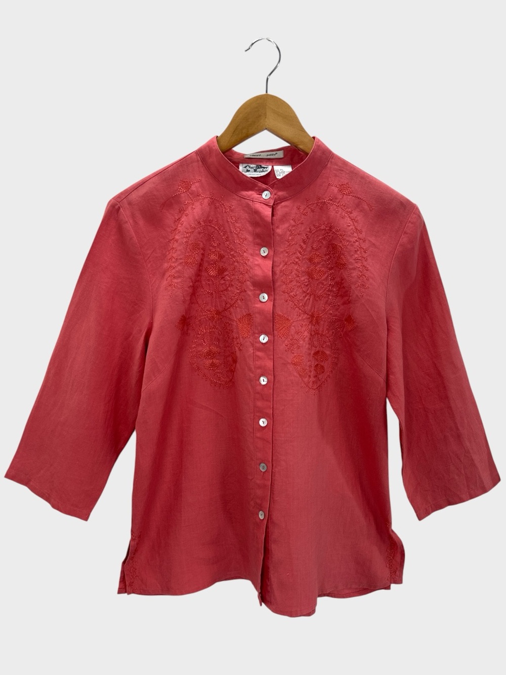 Edward Irish Linen‎ Embroidered Blouse Button Front Mandarin Collar L Petite